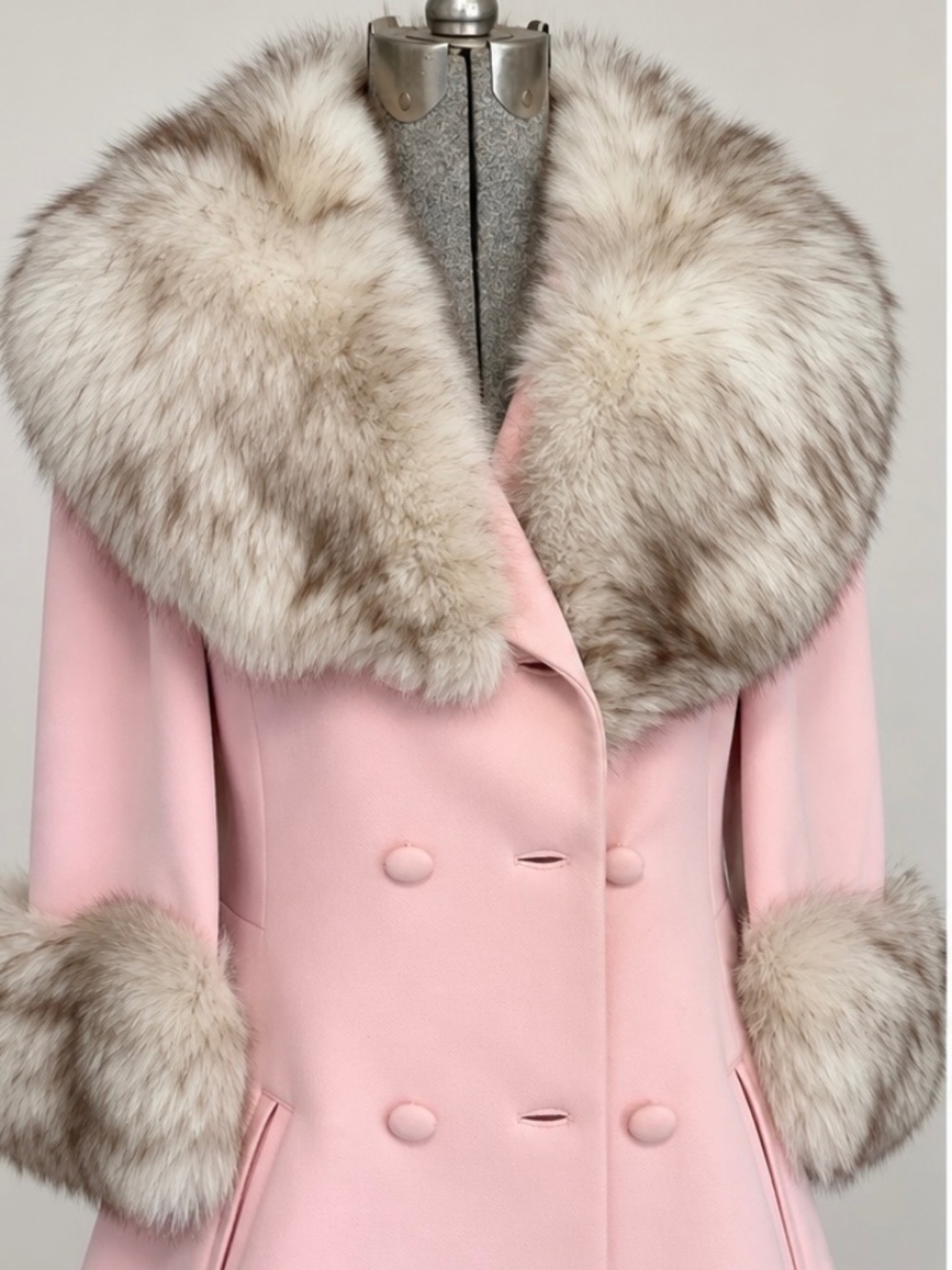 Lilli Ann 1960s Pink, Artic Fox Fur Trim Peacoat